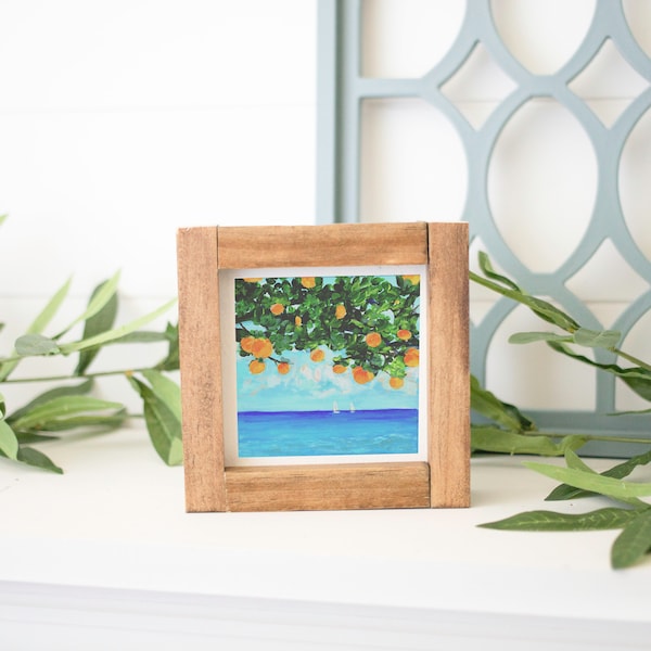 Oranges by the Sea Art Print- 4x4 Illustration of an orange tree by the blue ocean, boats in background wall art Mediterranean, Beach decor