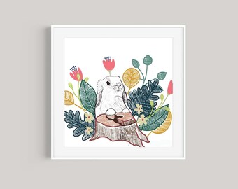 Forest Bunny Rabbit ART PRINT - 10x10-Woodland Nursery Decor - Rabbit Illustration- Nursery wall art, bunny illustration