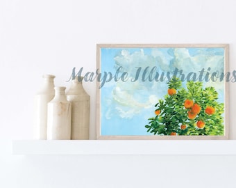 Orange Tree ART PRINT-Oranges in a Bright Sky- 5x7 Gouache Print- home decor-landscape art - gift