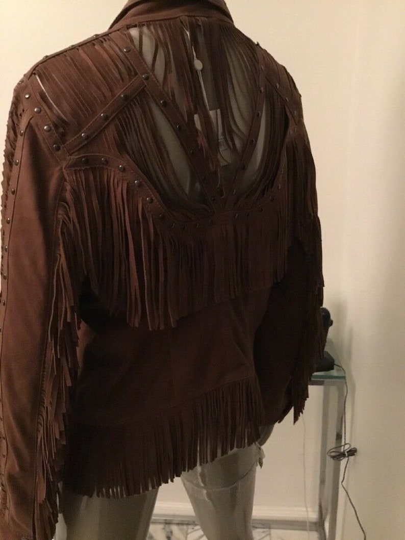 Women/'s Suede Leather Fringe Criminal Western Jacket for Halloween