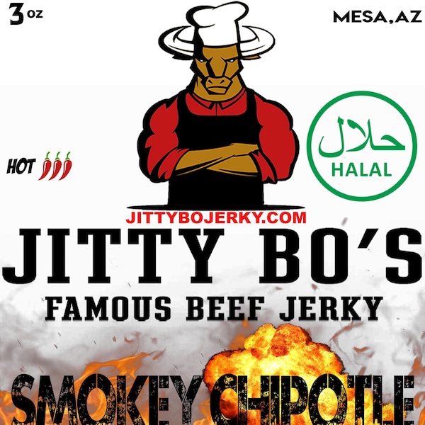 Halal Beef Jerky - JittyBo Famous Beef Jerky - Smokey Chipotle Beef Jerky - Spicy Beef Jerky - Quality Great Tasting Jerky - Made in USA -