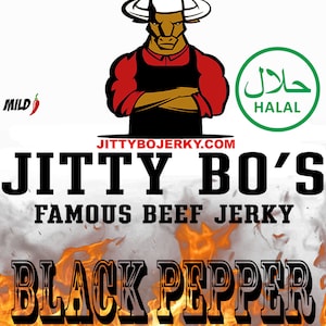 May include: A food product label for Jitty Bo's Famous Beef Jerky, Black Pepper flavor. The label features a chef-like bull mascot, a Halal symbol, and the text "MILD". The label also includes the text "3 oz" and "MESA, AZ".