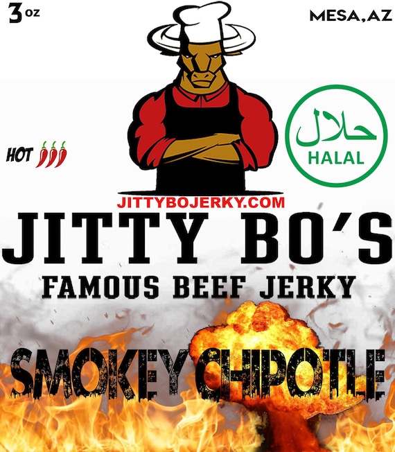 Halal Beef Jerky - JittyBo Famous Beef Jerky - Smokey Chipotle Beef Jerky - Spicy Beef Jerky - Quality Great Tasting Jerky - Made in USA -