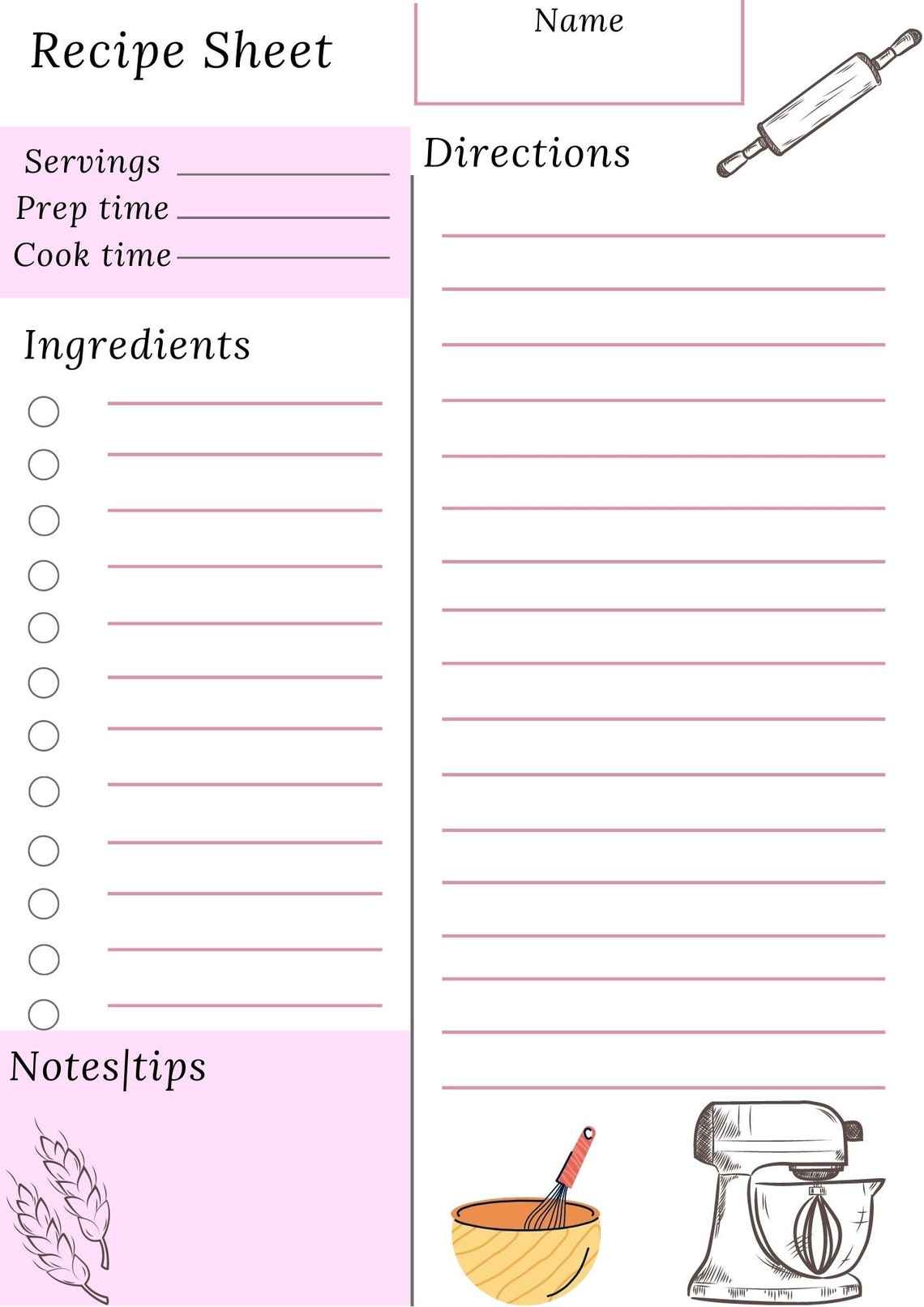 Recipe Sheet Printable Template A4 A5 Happy size planner | Etsy