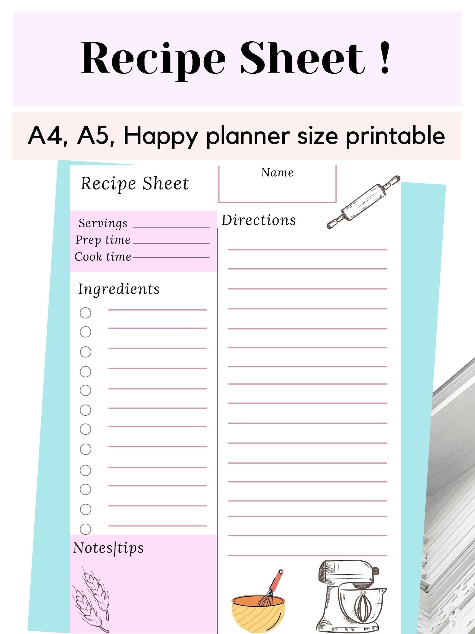 Recipe Sheet Printable Template A4 A5 Happy size planner | Etsy