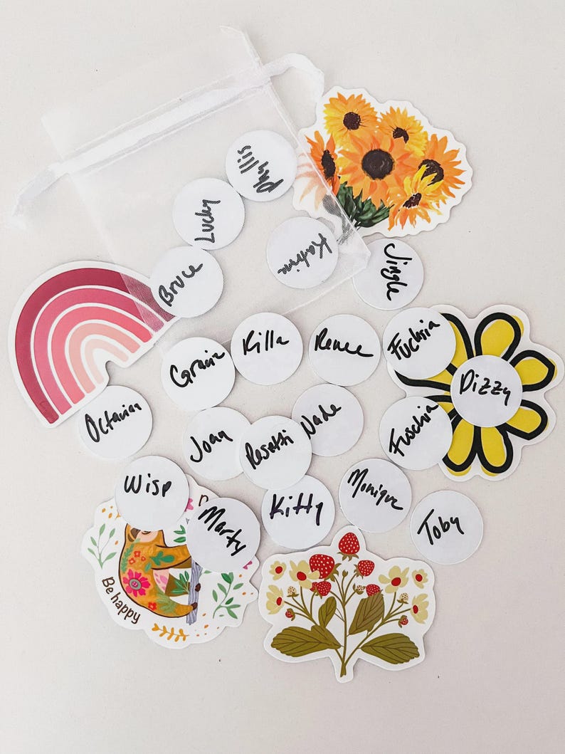 Puede incluir: Una colecci&oacute;n de pegatinas y etiquetas sobre una superficie blanca. Las pegatinas incluyen un arco&iacute;ris, girasoles, un perezoso y un dise&ntilde;o floral. Etiquetas circulares blancas con nombres manuscritos.