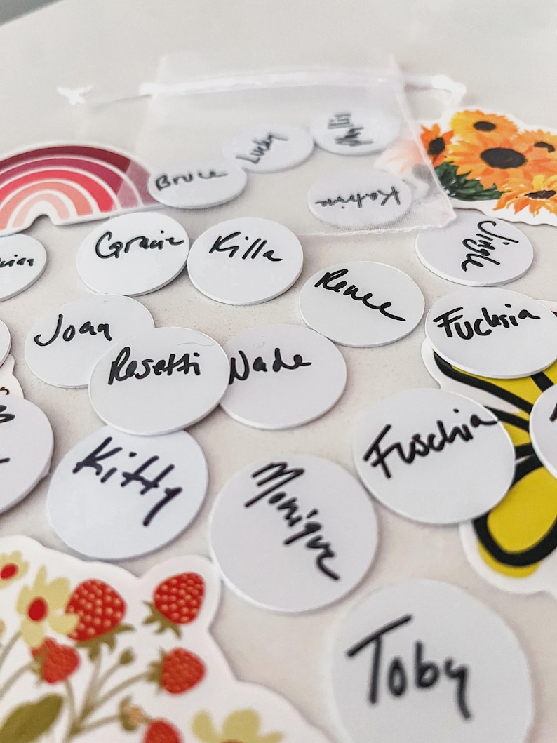 Puede incluir: Una colecci&oacute;n de etiquetas redondas blancas con nombres escritos a mano en tinta negra, incluyendo "Kitty", "Monique" y "Toby". Tambi&eacute;n hay pegatinas decorativas de un arco&iacute;ris, girasoles y fresas.