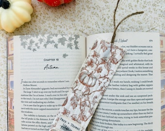 Handmade Quilted Autumn Bookmark, Pumpkin Toile, Reversible Cottagecore Reader Gift (Jute Tassel)
