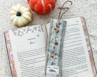 Handmade Quilted Autumn Floral Bookmark, Reversible Cotton Fabric, Jute Tassel (2" x 6.5")