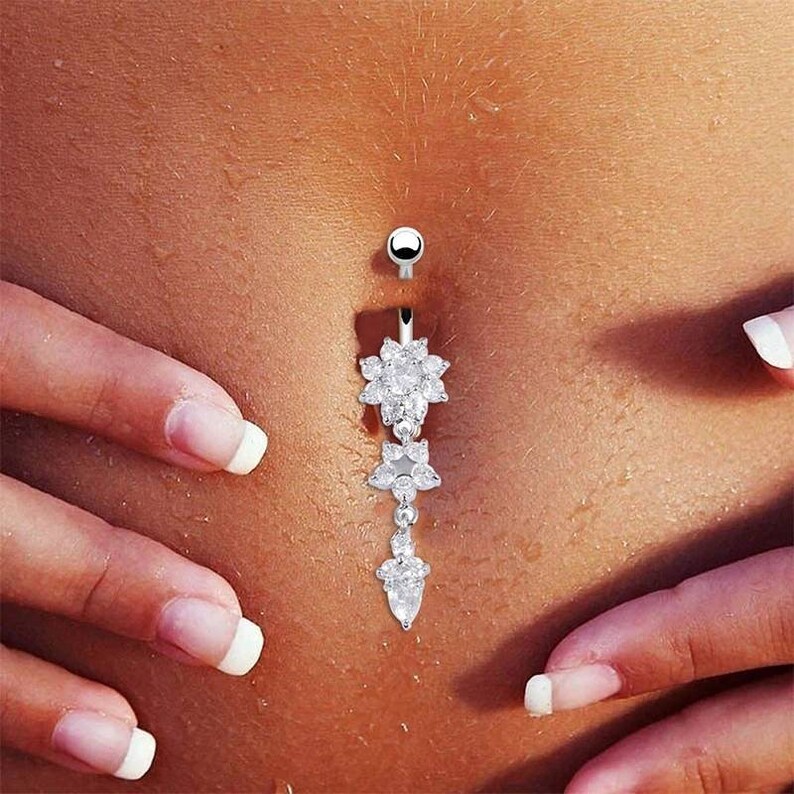 3 Pc Flower Belly Ring, Belly Dancing jewelry, surgical steel Dangle, Gift for her, Sexy Belly Ring 