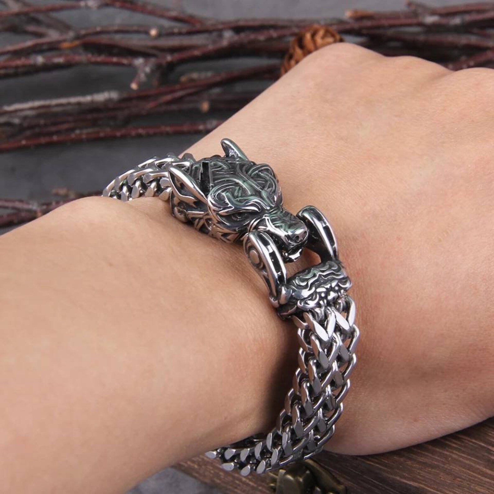 metal bracelet with wolf shaped head