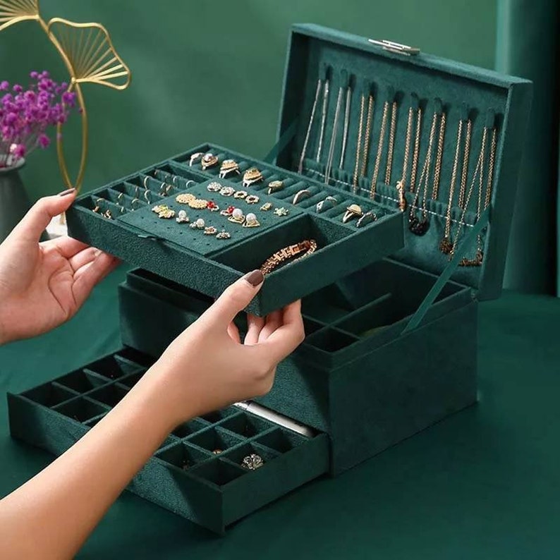 Women Jewelry Organizer Box 3layer Velvet Jewelry Boxes Etsy