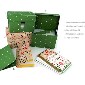 Puede incluir: Un conjunto de cajas y tarjetas de notas con patrones florales y verdes. Las cajas tienen tapas abatibles y se utilizan para guardar y organizar notas. Las tarjetas de notas son del tamaño de una tarjeta de crédito y tienen un patrón floral. El texto en la imagen dice: "1. Dispensador de notas con tapa abatible 2. Mini archivos y caja con tapa abatible 3. Caja con tapa suelta 4. Notas (tamaño de tarjeta de crédito) 5. Notas abiertas plegadas"