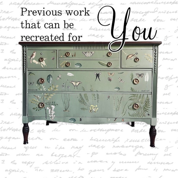 Green Vintage Dresser | Farmhouse Dresser | Cottage Dresser | Fern Birds Butterfly | Custom Dresser