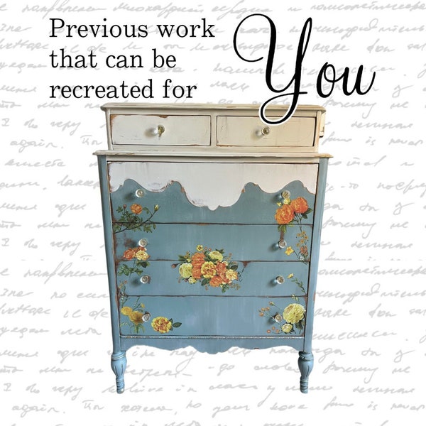 Blue Farmhouse Vintage Dresser | Cottage Dresser with Orange and Yellow Roses | Custom Dresser