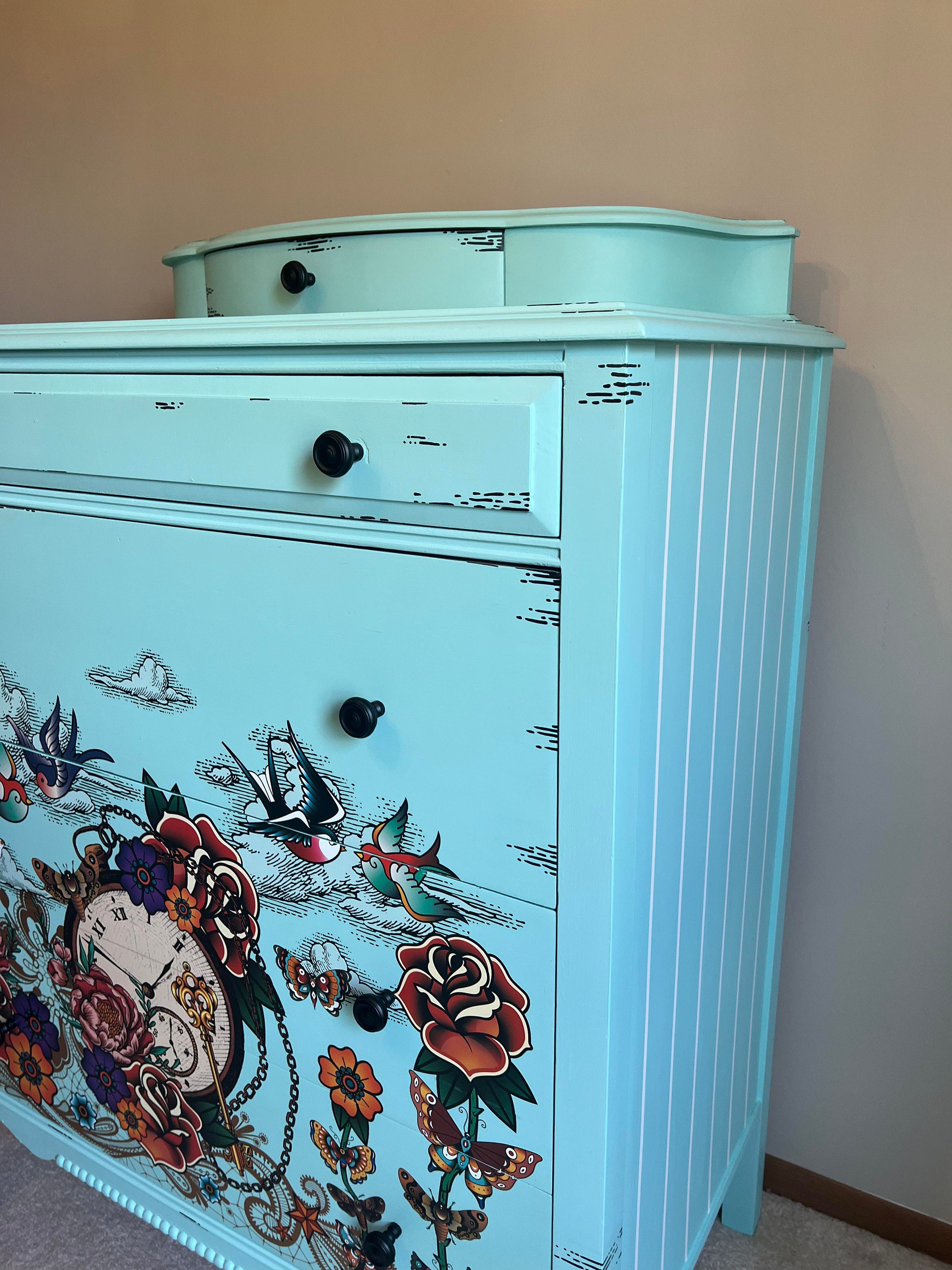 Vintage Blue Dresser | American Traditional Tattoo | White Stripes - Etsy Vintage Blue Dresser | American Traditional Tattoo | White Stripes - Etsy