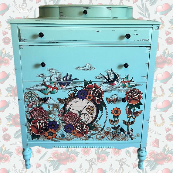 blue and white striped dresser Fun Vintage White & Blue Contrast Tallboy Dresser – Home Union NYC main image 0