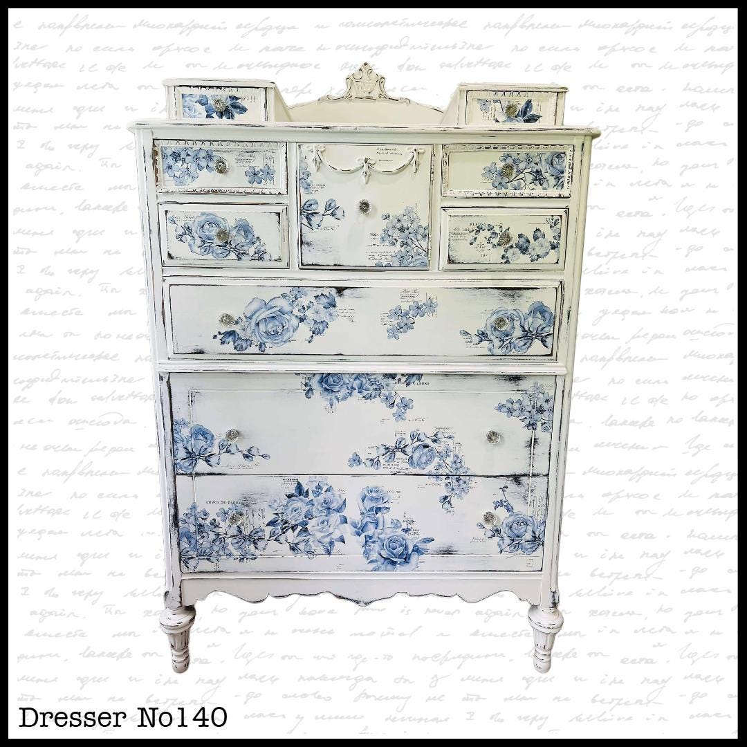 NC Only ---- Antique Blue and White Floral Tall Painted Dresser | Farmhouse Cottage Dresser