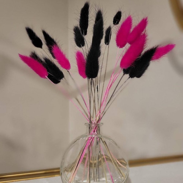 Hot Pink and Black Bunny Mini Dried Floral Arrangement. Perfect for centerpieces and home decor. Vase included!