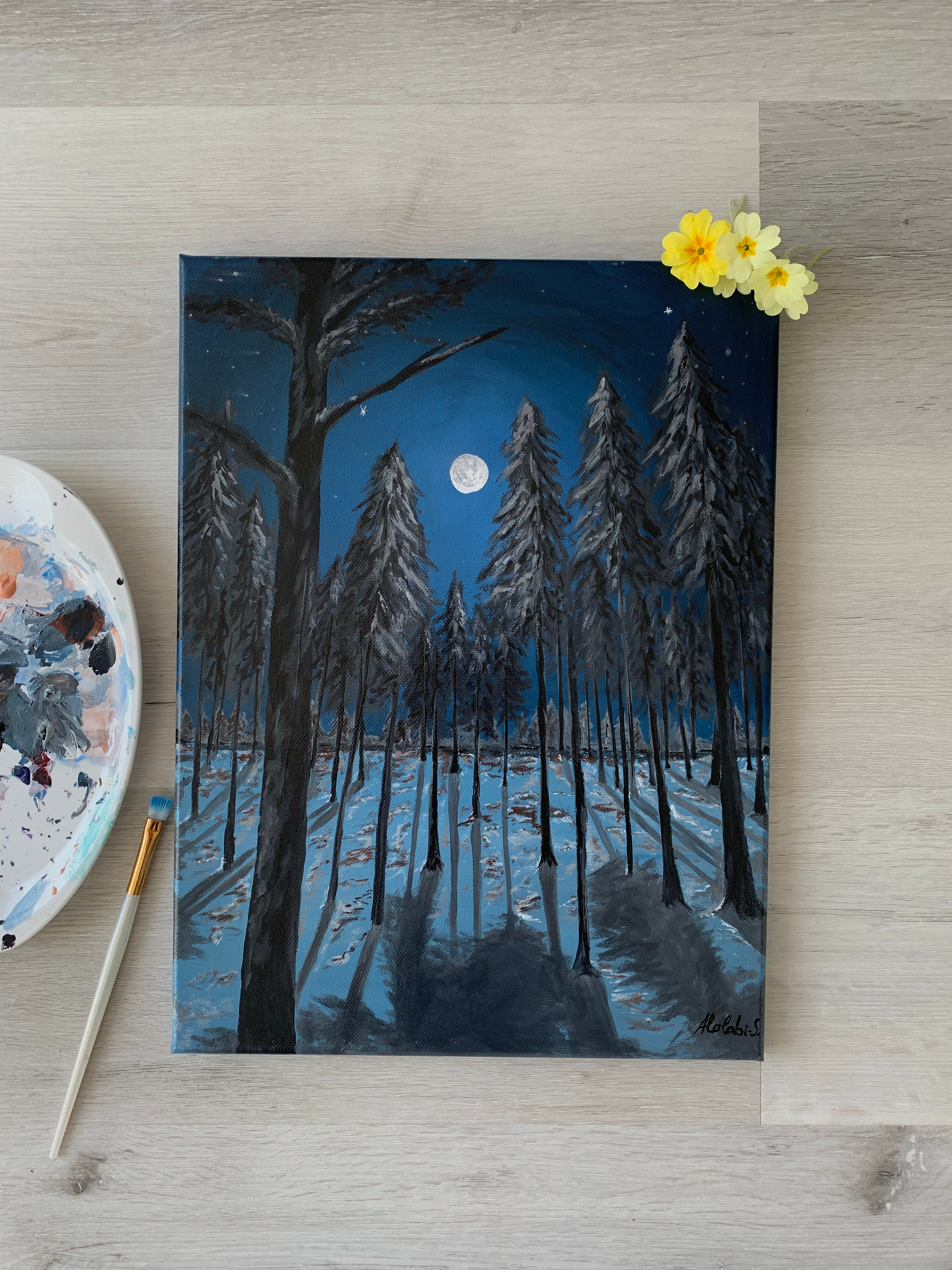 Original Acrylic Painting, Paper Sculpture, Fine Art Print, Full Moon,  Moonlight Lake, Twilight Forest, Fantasy, Landscape, Paper Mache 