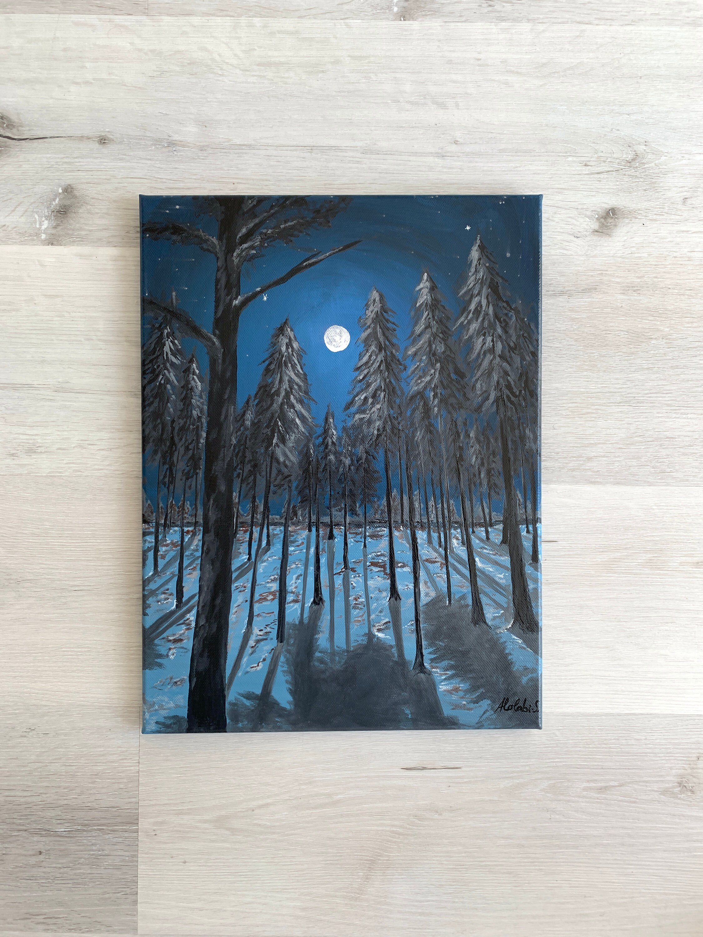 Original Acrylic Hand Painting 11X14 Canvas Moonlight Camper Beach