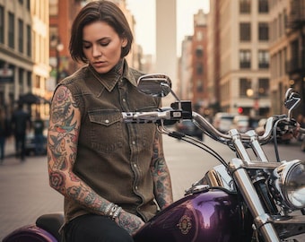 Gilet en denim délavé à l'acide bronze - chemise motard sans manches effet vieilli - haut gothique steampunk - gilet en coton épais pour homme - mode alternative