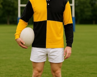 Gold & Schwarzes Rugby-Shirt : Langarm-Sportoberteil aus 100% Baumwolle