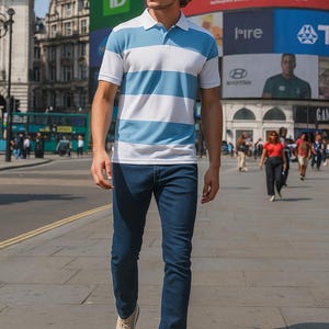 Gestreept piqué poloshirt: technisch ontwerp van gekamd katoen voor heren