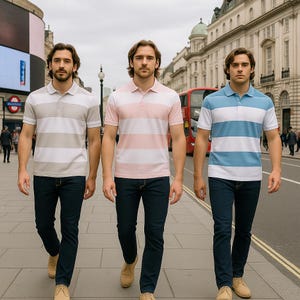Polo de rayas pastel para hombre - 100 % algodón peinado SC-63 - Camiseta náutica rosa, azul cielo y gris - Top elegante e informal - Regalo para él