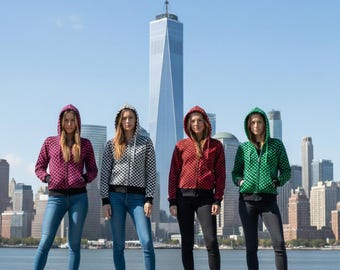 Checkerboard Zip Hoodie Women's Chequered Punk Goth Alternative Clothing F1 Racing Aesthetic Jacket Pink Green Red Black White