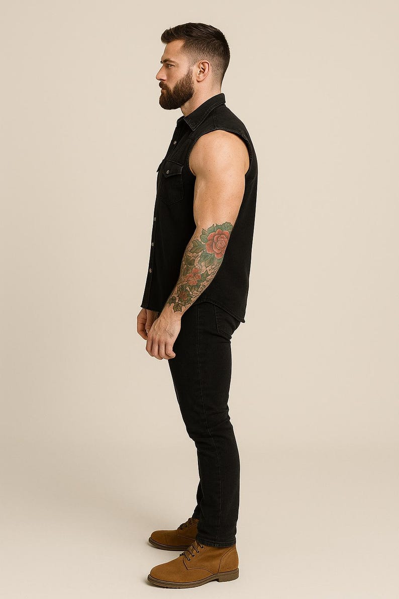 Gilet en denim noir effet vieilli - chemise de travail sans manches - haut motard en coton épais 265 g/m² - gilet punk rock esthétique urbain grunge XS-4XL image 4