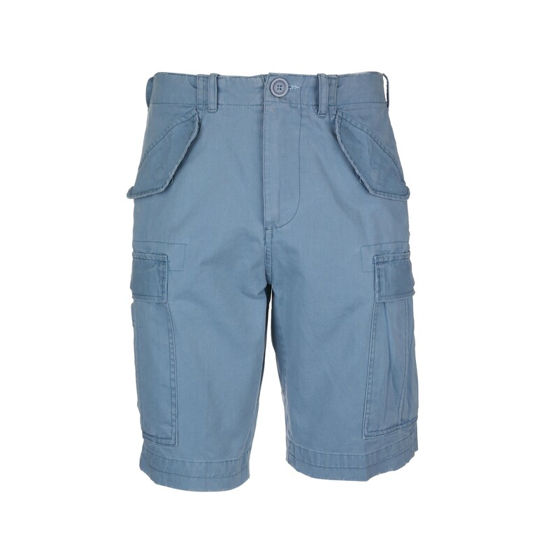 Op de afbeelding: Een blauwe cargo short met meerdere zakken.