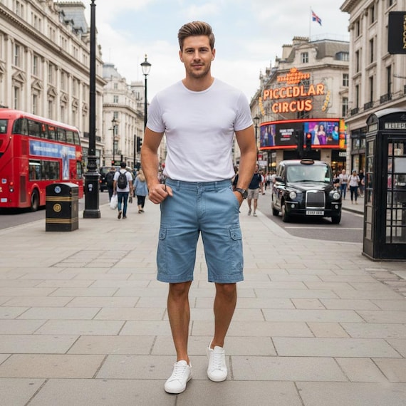 Vintage Blue Cargo Shorts - 100% Cotton Heavy Drill - Distressed Utility Shorts - Gorpcore Aesthetic - Men's Summer Casual Wear Gift for Him