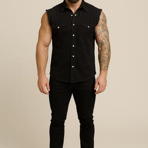 Gilet en denim noir effet vieilli - chemise de travail sans manches - haut motard en coton épais 265 g/m² - gilet punk rock esthétique urbain grunge XS-4XL image 3