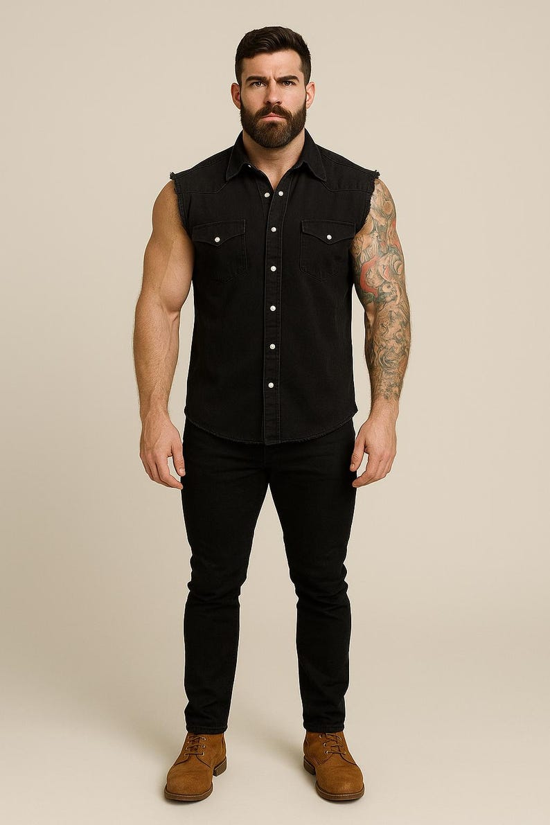 Gilet en denim noir effet vieilli - chemise de travail sans manches - haut motard en coton épais 265 g/m² - gilet punk rock esthétique urbain grunge XS-4XL image 3