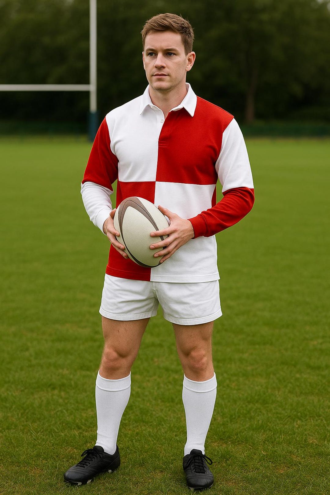 Men Quarter Panel Long Sleeve Rugby Shirts 100% Cotton Red