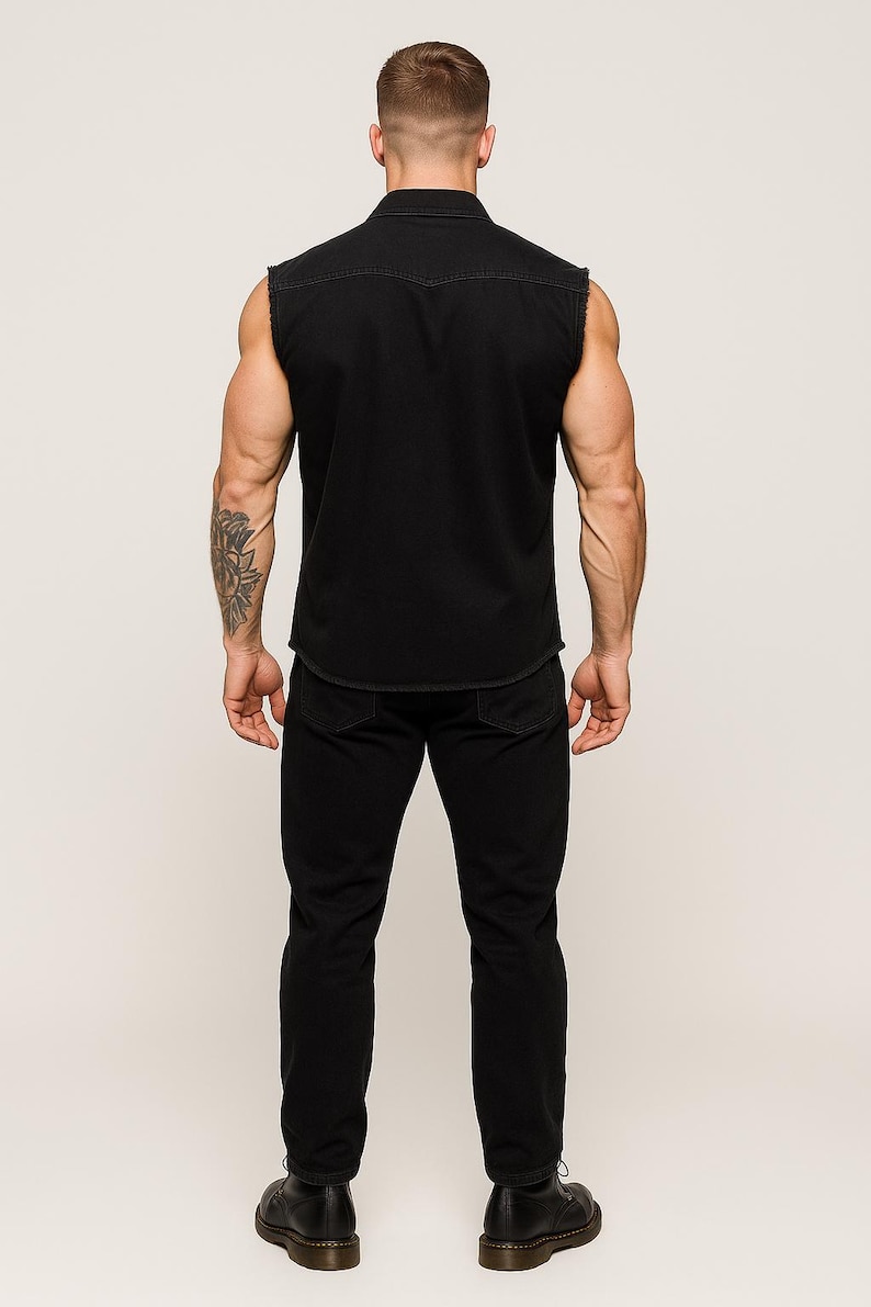 Gilet en denim noir effet vieilli - chemise de travail sans manches - haut motard en coton épais 265 g/m² - gilet punk rock esthétique urbain grunge XS-4XL image 5