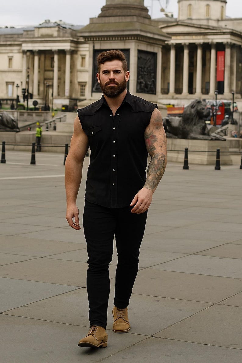 Gilet en denim noir effet vieilli - chemise de travail sans manches - haut motard en coton épais 265 g/m² - gilet punk rock esthétique urbain grunge XS-4XL image 1