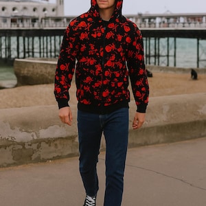 BLACK & RED SKULL Hoodie with Cross Bone Skull Design, Gothic, Rock, Street, Punk Metal Wear
