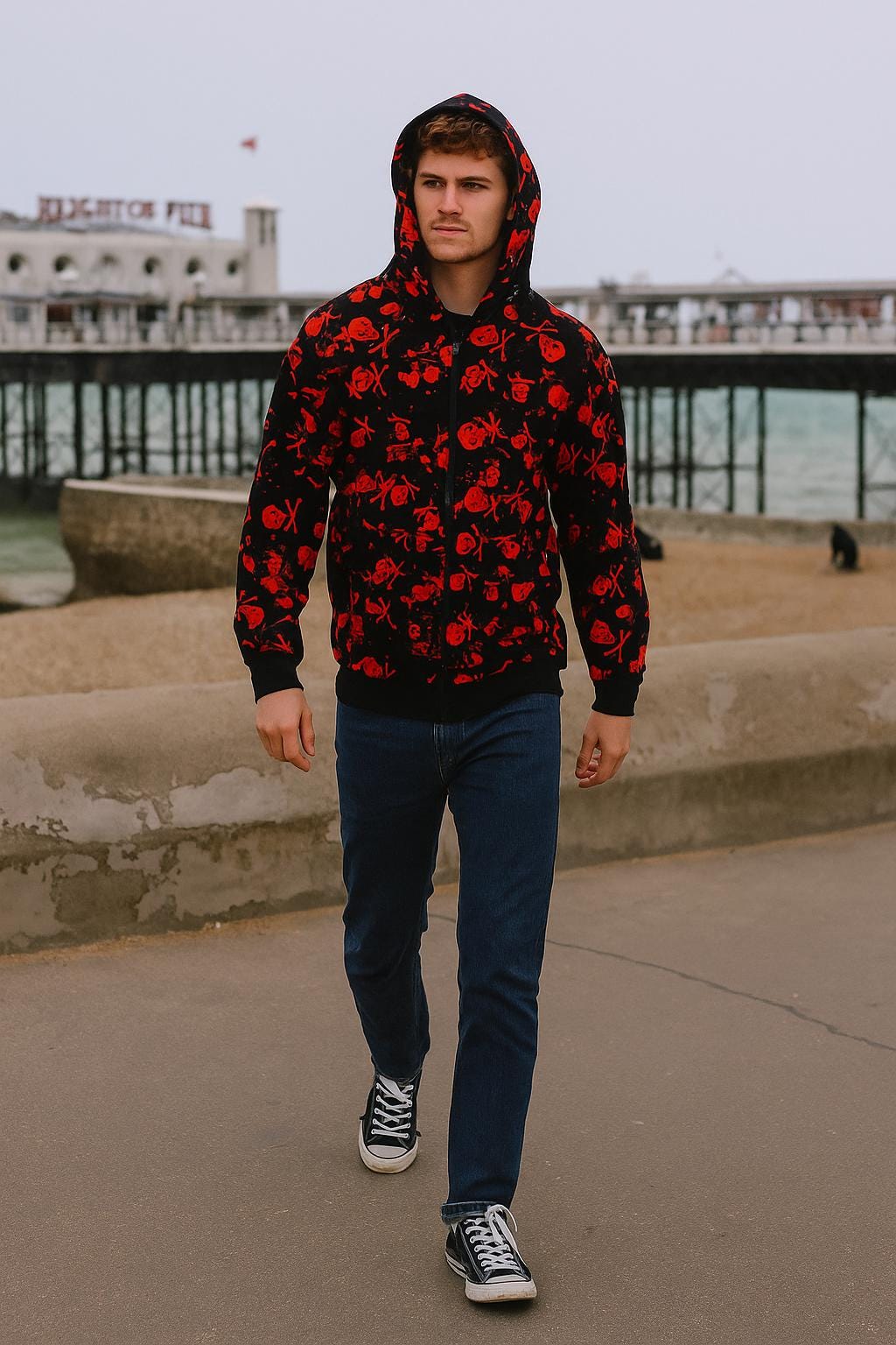BLACK & RED SKULL Hoodie With Cross Bone Skull Design