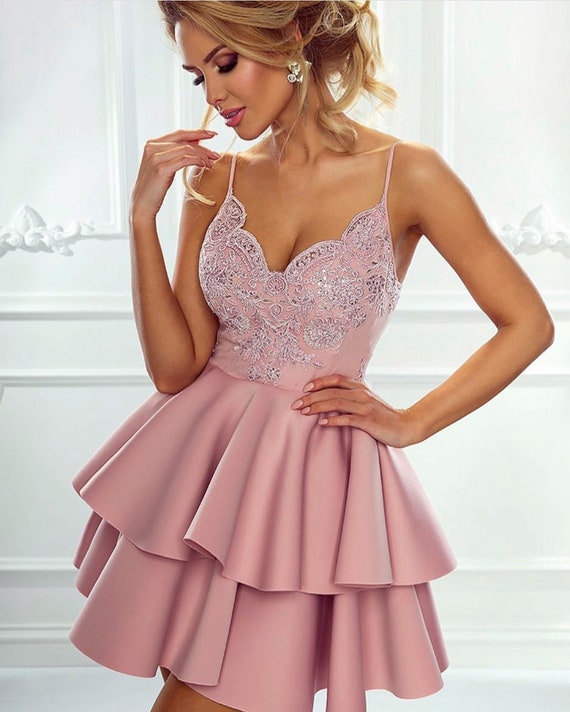 Soft Pink Lace Top Fit Flare Dress Etsy UK