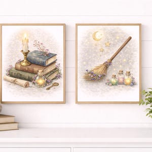 May include: Two framed art prints. One features a stack of books, a candle, and a potion bottle. The other depicts a broom adorned with flowers, a crescent moon, stars, and potion bottles. Both have a whimsical, magical theme.