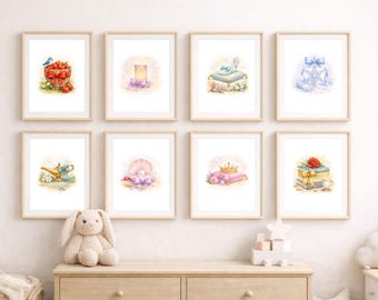 Princess Nursery Wall Art | Set of 8 Soft Watercolor Storybook Prints | Girls Nursery Decor Instant Digital Download