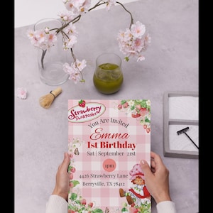 Strawberry Shortcake Birthday Invitation: Editable Canva Template (Digital Download 5x7in