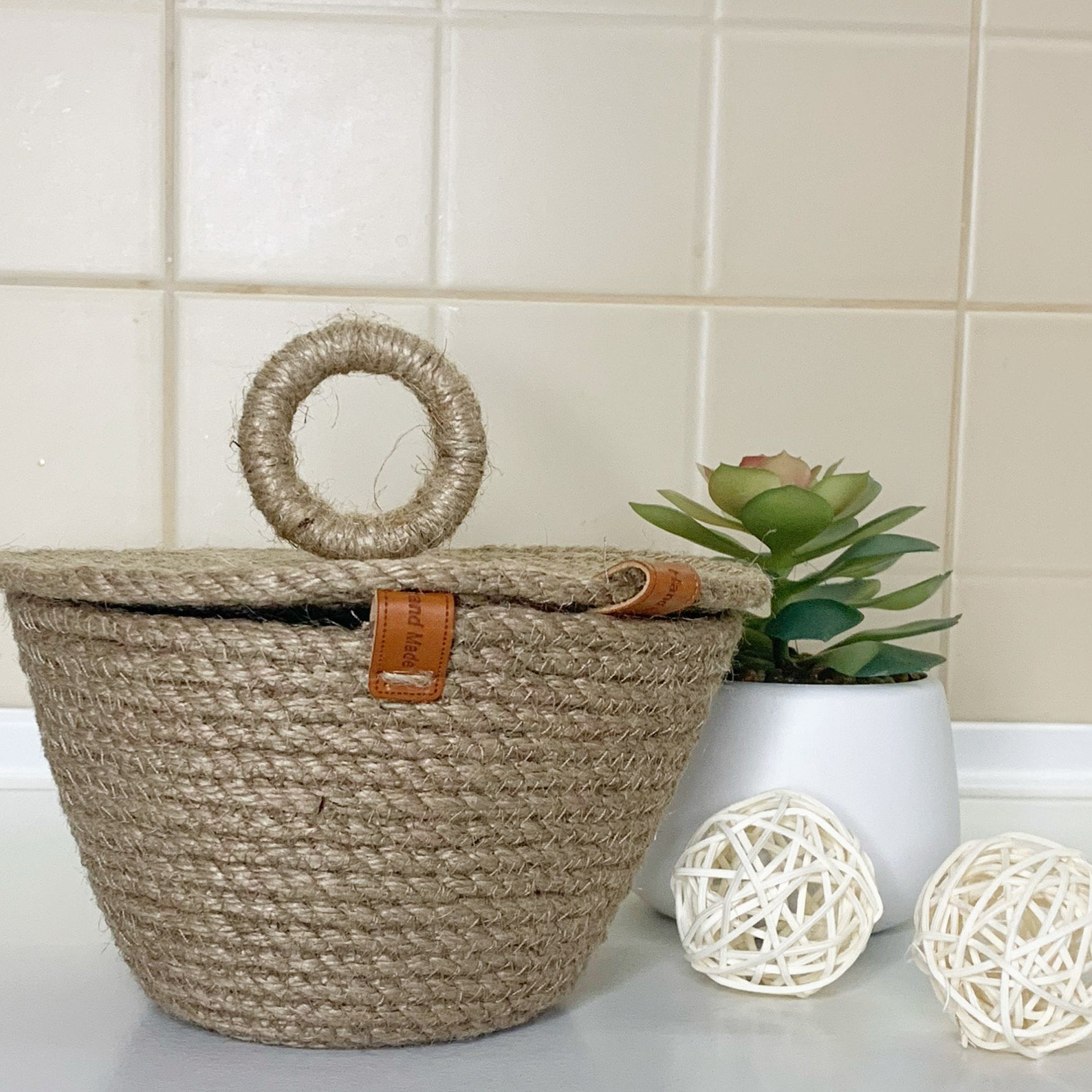 Small woven basket Basket with lid Rope bowl Etsy