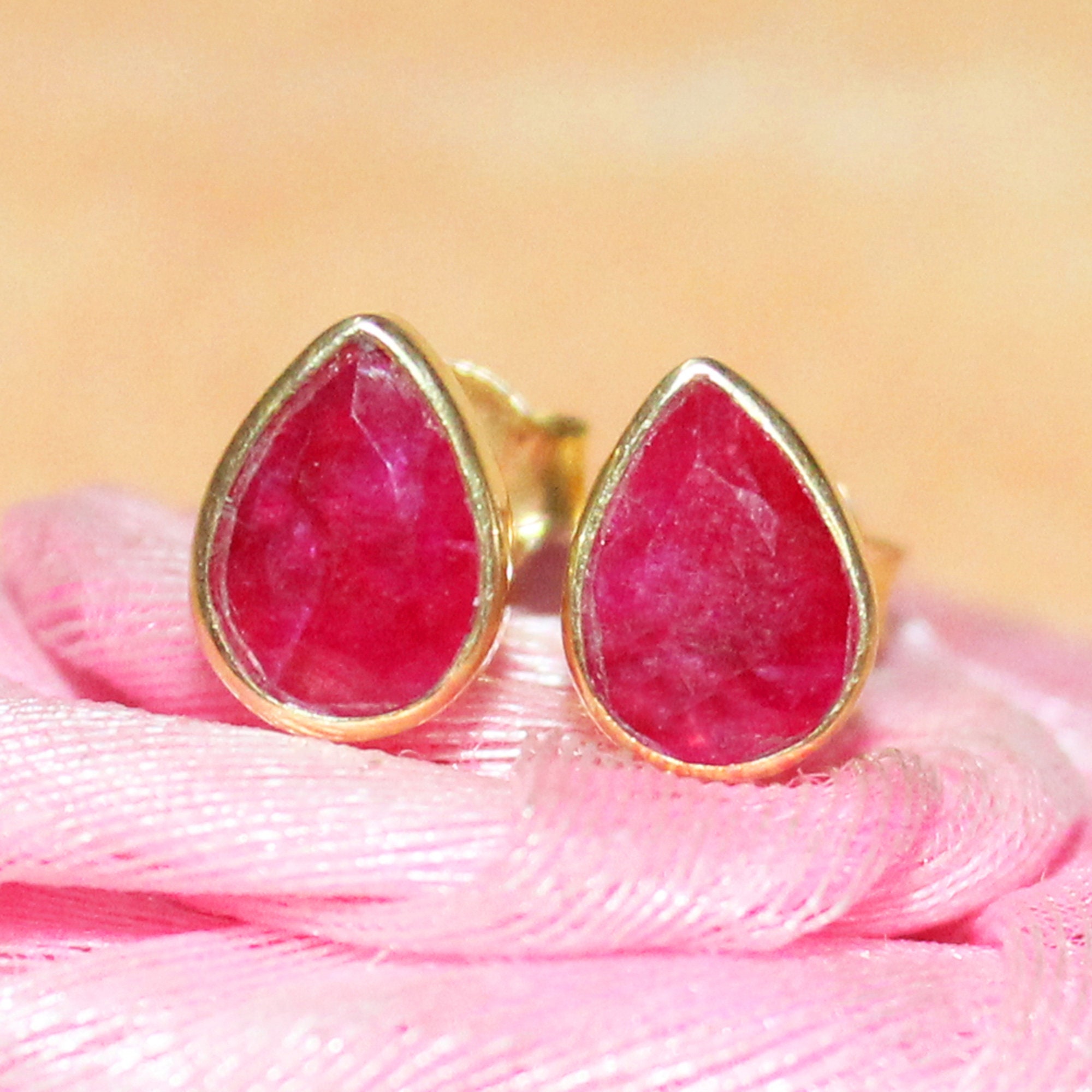Solid Gold Jewelry Natural Ruby Gemstone Stud Earrings 9k 14k | Etsy