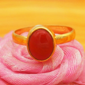 Anillo de coral de oro macizo hecho a mano, joyería con piedra natal, oro de 9 quilates, 14 quilates, 18 quilates y 22 quilates, regalo para ella