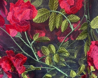 Rose embroidery design on non stretch mesh fabric sold by the yard