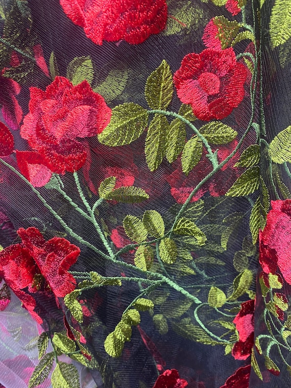 Red Floral Embroidery Black Mesh Fabric by the Yard - OneYard