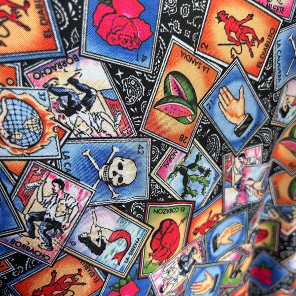 Loteria/Mexican bingo print on great quality nylon spandex four way stretch fabric sold by the yard